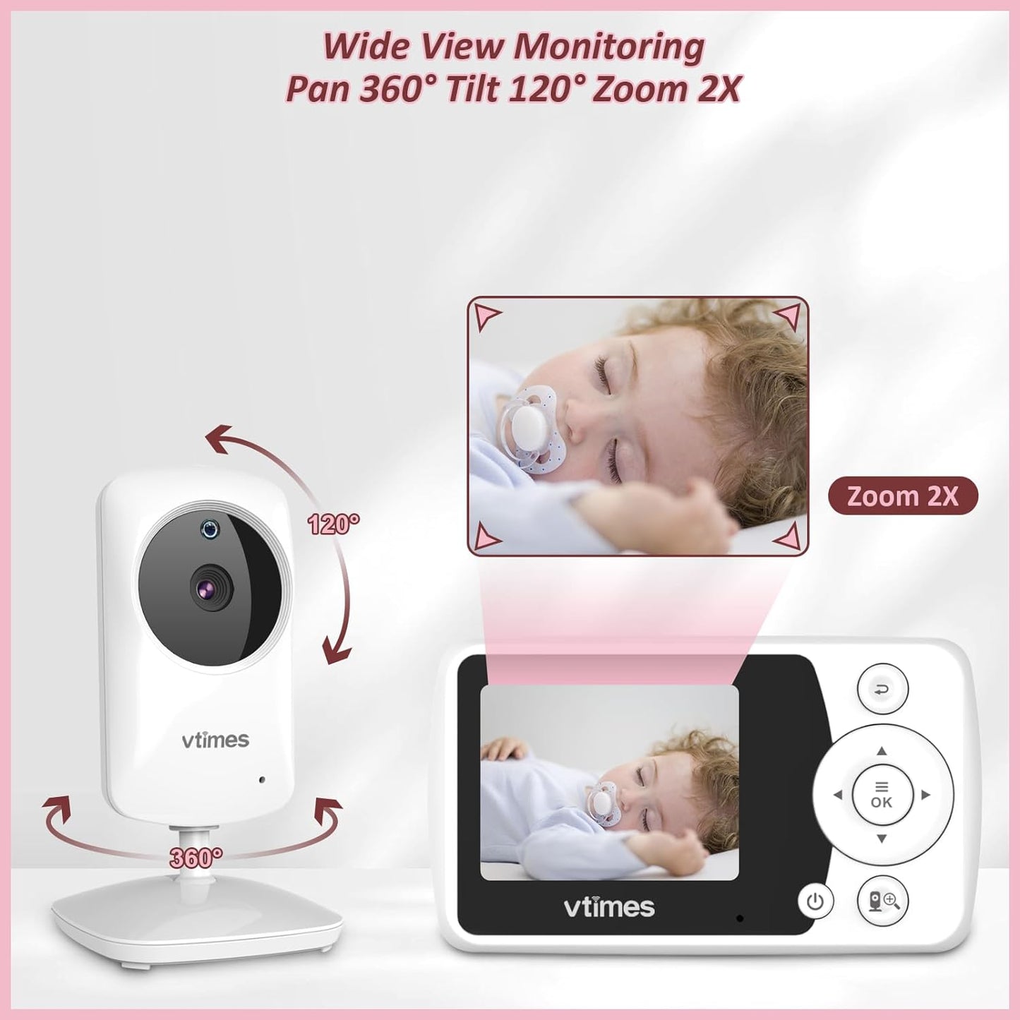 Baby Monitor, Audio, No WiFi Night Vision, VOX, PTZ Alarm & 1000ft Range, Ideal for Gifts