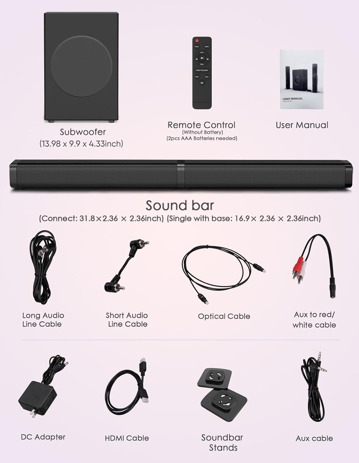 2 in 1 Separable Sound Bar &amp; Subwoofer, BT 5.0, ARC/Optical/Aux/USB,Treble/Bass Adjust, 10 EQ Modes