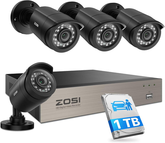 ZOSI SECURITY CAMERA SYSTEM - 8CH DVR & 4 CAMERAS 1080P FULL HD IP66 WATERPROOF | NIGHT VISION