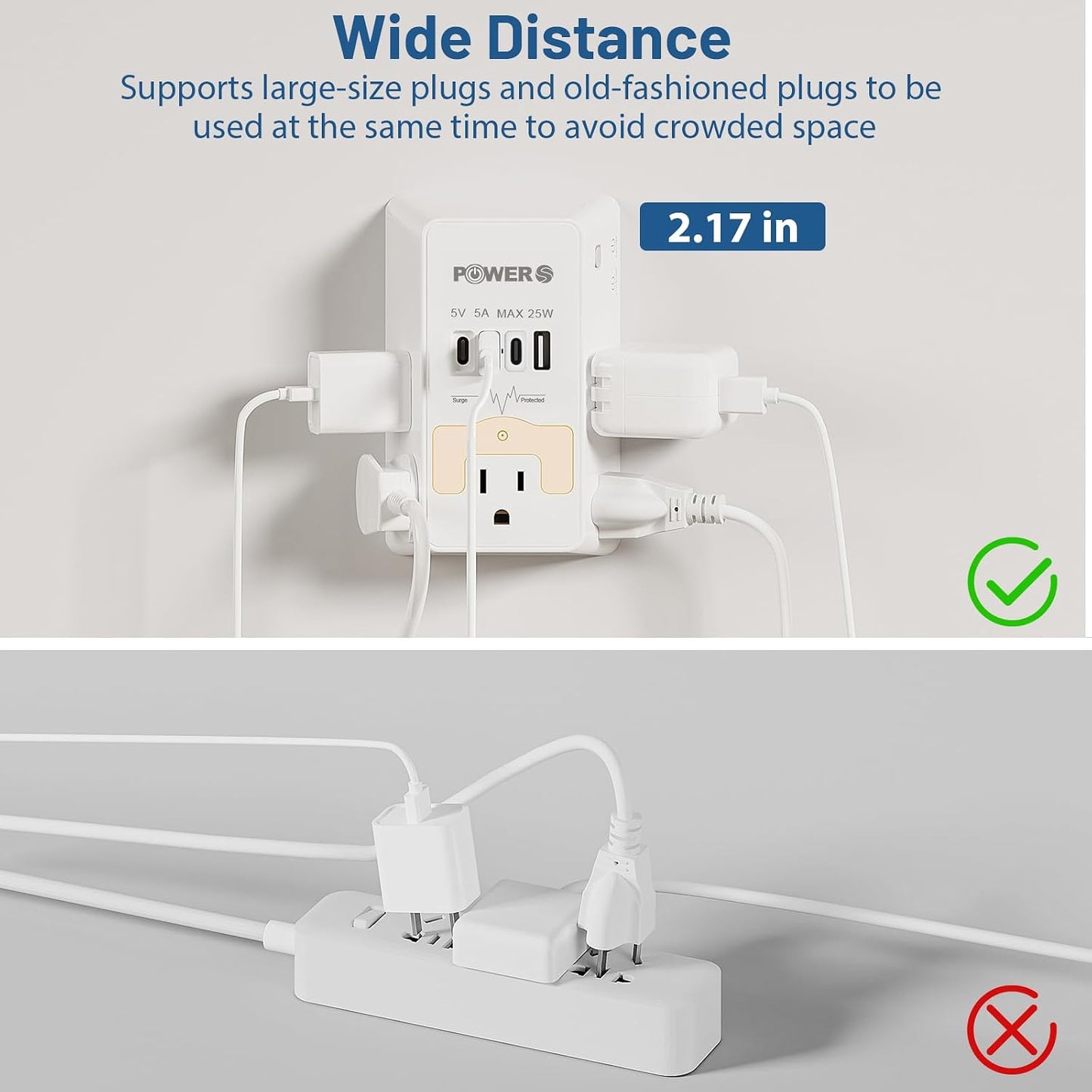 Surge Protector, USB Ports (3C1A), Snug Wall Outlet, Night Light, Wall Plug Adapter