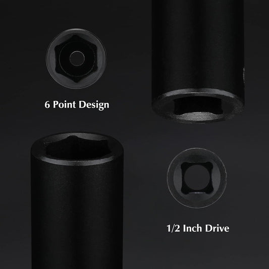11PCS 1/2 In Drive Deep Impact Socket Set, Metric, 6-Point, CR-V, 11 Pieces 1/2" 10mm - 24mm