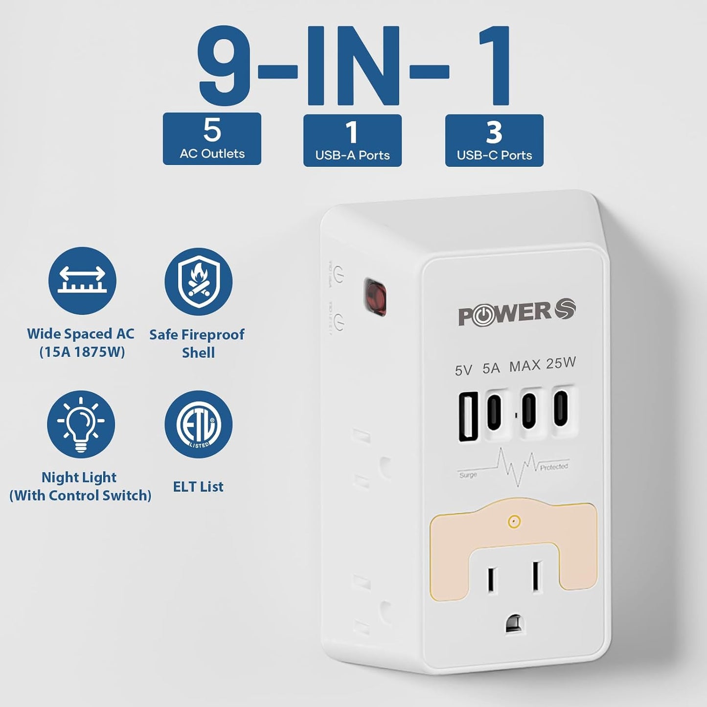 Surge Protector, USB Ports (3C1A), Snug Wall Outlet, Night Light, Wall Plug Adapter