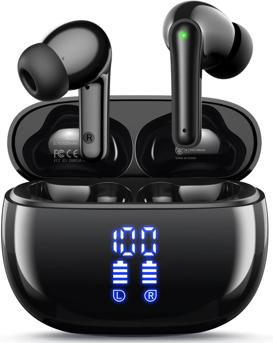 Wireless Earbuds, Bluetooth, 40H Playtime, Stereo Deep Bass, LED Power Display, IPX7, Lightweight, with Mic
