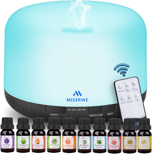 Diffuser 500ML &amp; 10 Essential Oils, Adjustable Mist Mode &amp; 4 Timer Setting Auto Shut-Off