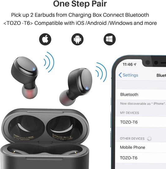 T6 Wireless Earbuds Bluetooth 5.3, 45H Playtime, IPX8 Waterproof, Stereo, Mic, Premium Deep Bass