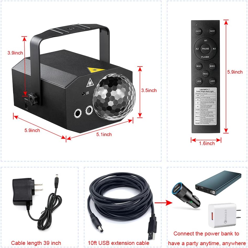 Dj Party Disco Ball Lights, Pattern, Sound Activated,10 ft USB Cable, Strobe Light