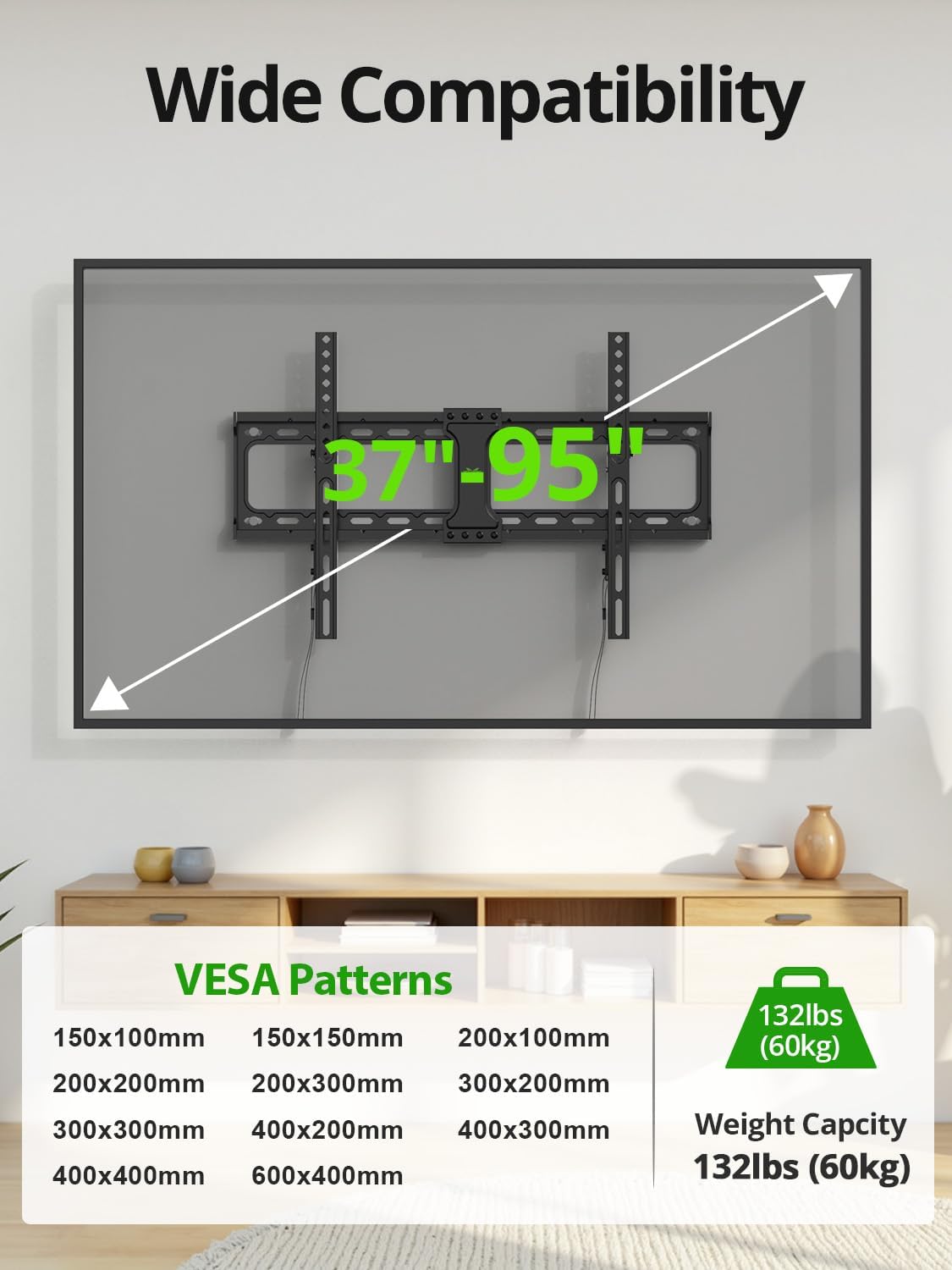 Tilting TV Wall Mount for Most 37"-95" Flat Curved Screen TV VESA 600x400mm up to 132lbs