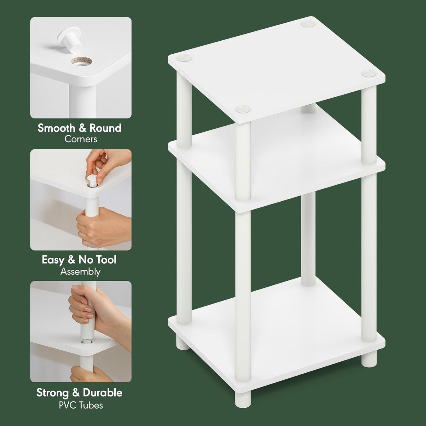 3-Tier Turn-N-Tube End / Side Table / Night Stand / Bedside Table, Plastic Poles, 2-Pack