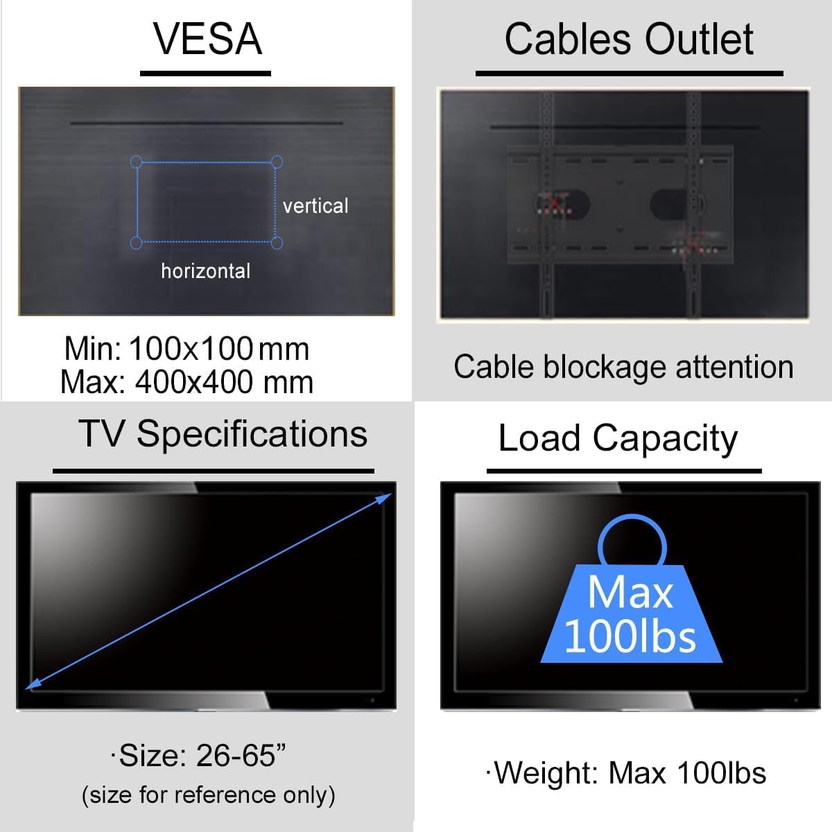 Ceiling TV Mount 26-65 inch, Max VESA 400x400mm Load 45kg/100lbs Height Adjustable