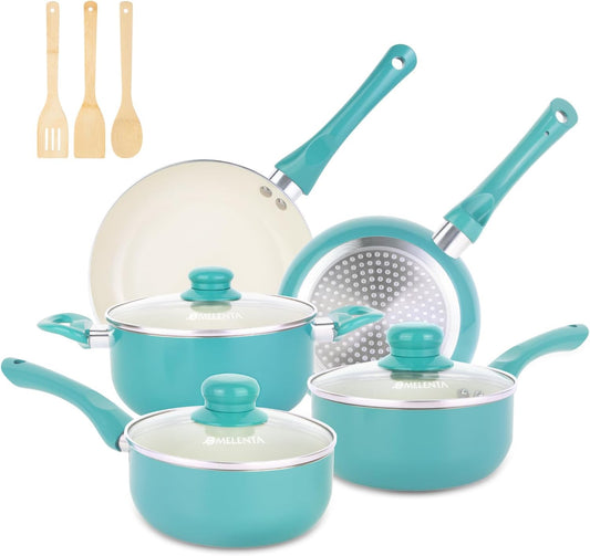 Pots & Pans Nonstick, 11pcs, Induction Cookware, Ceramic, Bamboo Kitchen Utensils, 100% PFOA Free