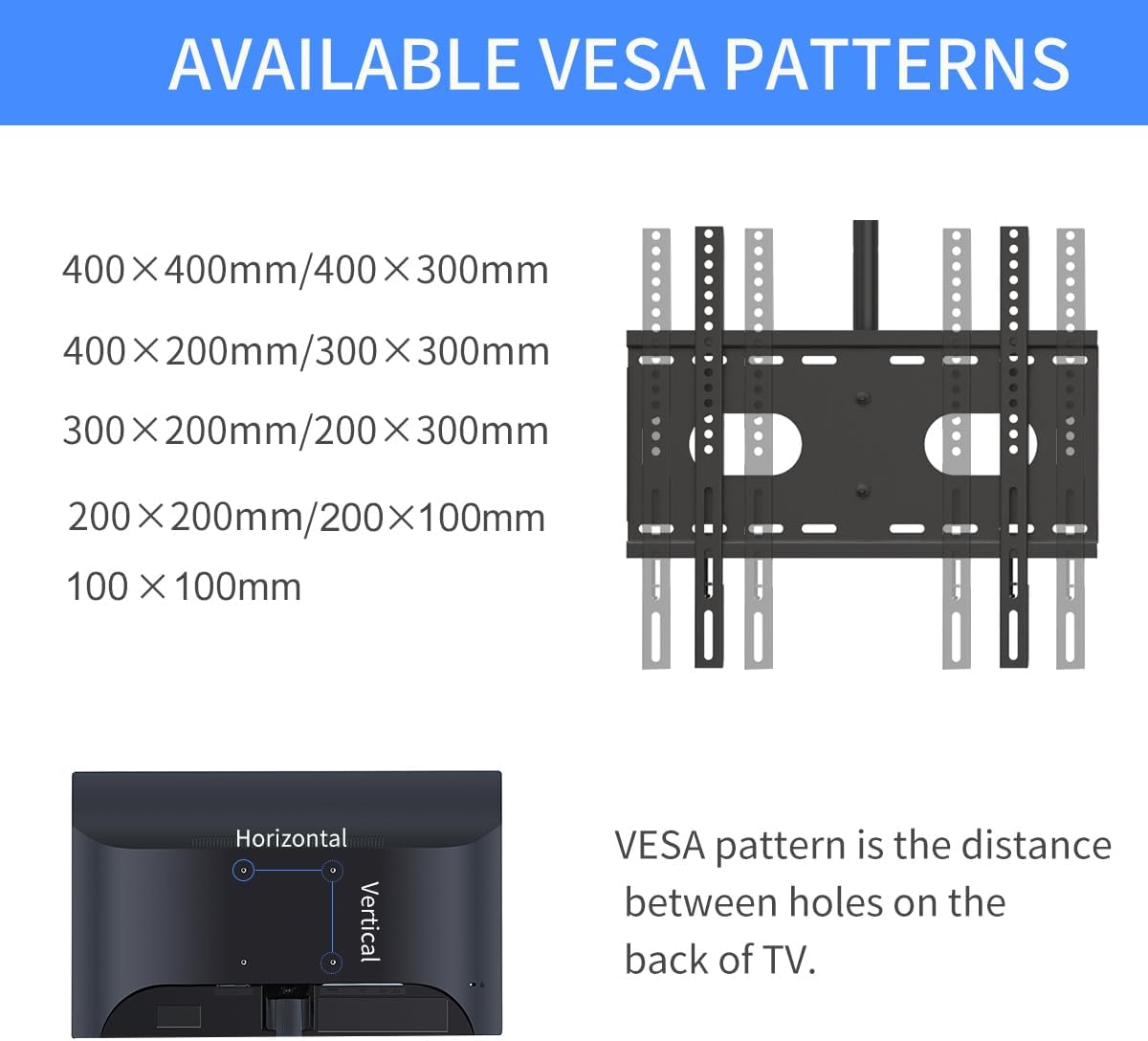 Ceiling TV Mount 26-65 inch, Max VESA 400x400mm Load 45kg/100lbs Height Adjustable