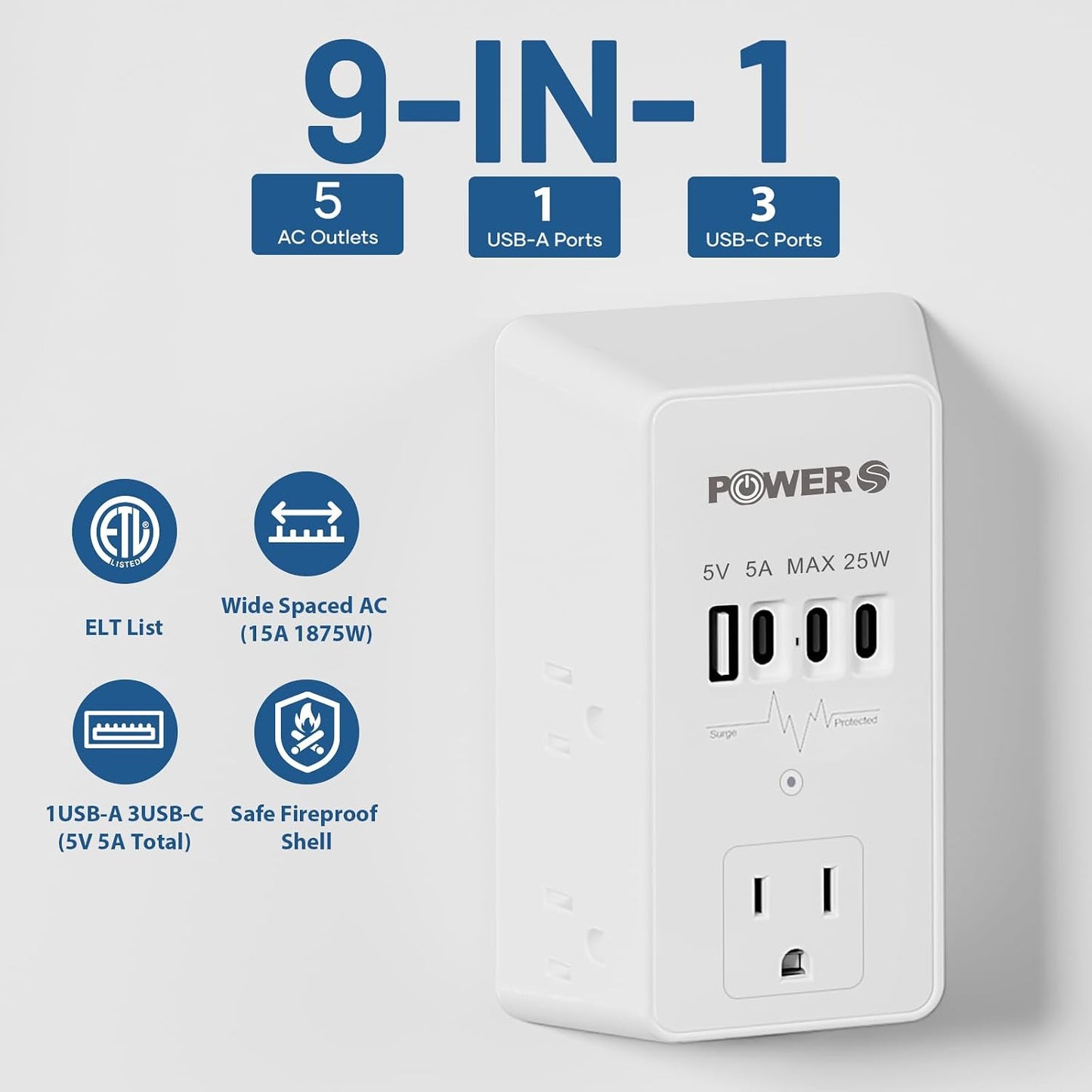 Surge Protector, USB Ports (3C1A), Snug Wall Outlet, Wall Plug Adapter