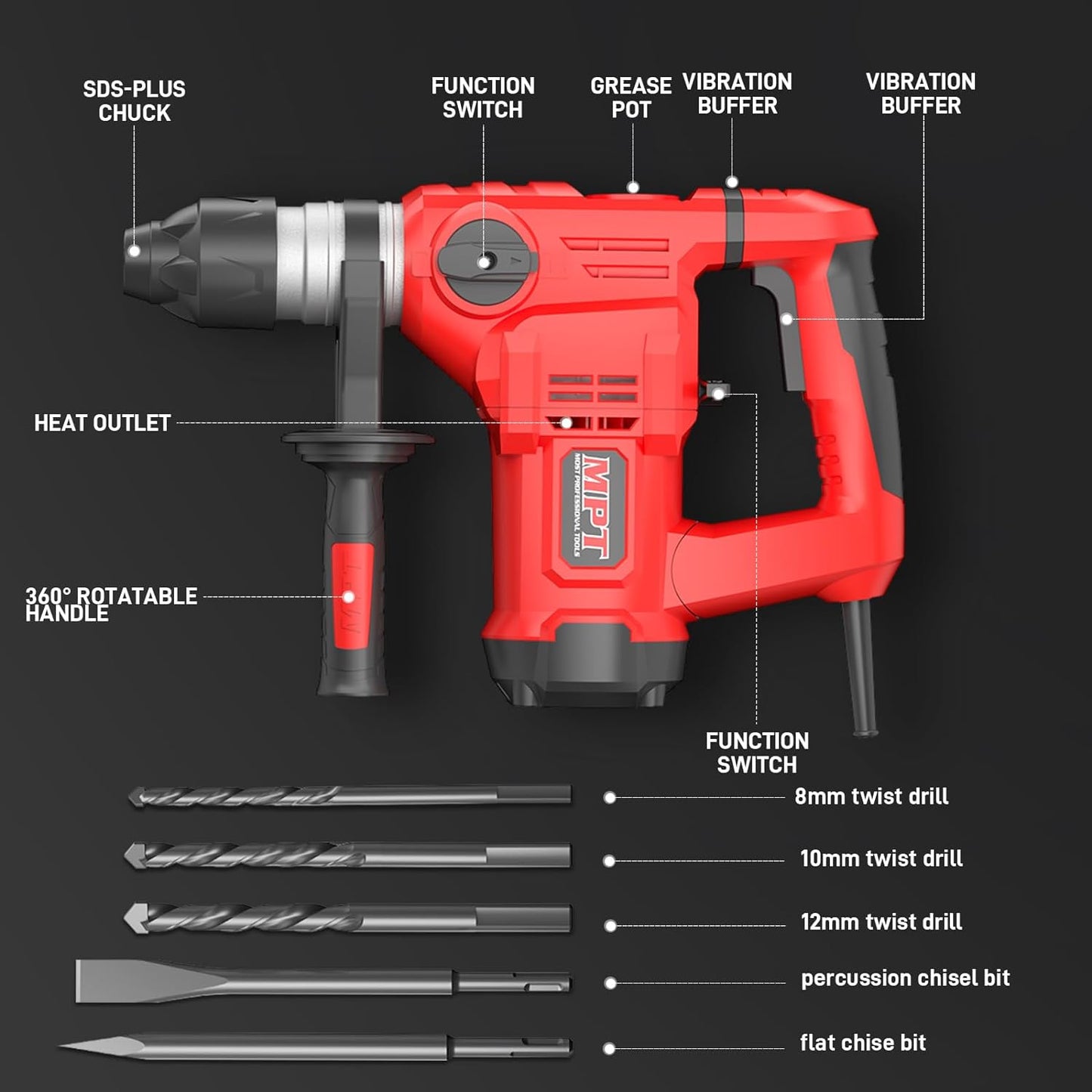 1-1/4In SDS-Plus 13 Amp Heavy Duty Rotary Hammer Drill, Concrete, 5 Bits, Point Chisel, Flat Chisel