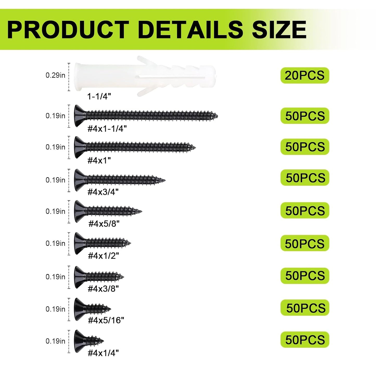 #4 Flat Head Small Wood Screws kit 420Pcs,Phillips Short Screw, Carbon Steel, 20pcs M6 ScrewAnchors