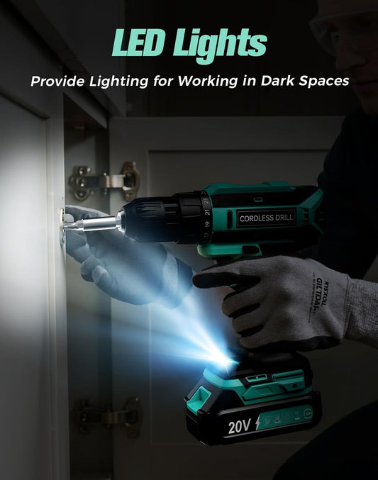 20V MAX Cordless Drill, 2 Batteries &amp; Charger, 3/8 In Keyless Chuck, Variable Speed, 25+1 Position &amp; 56PCS Bits