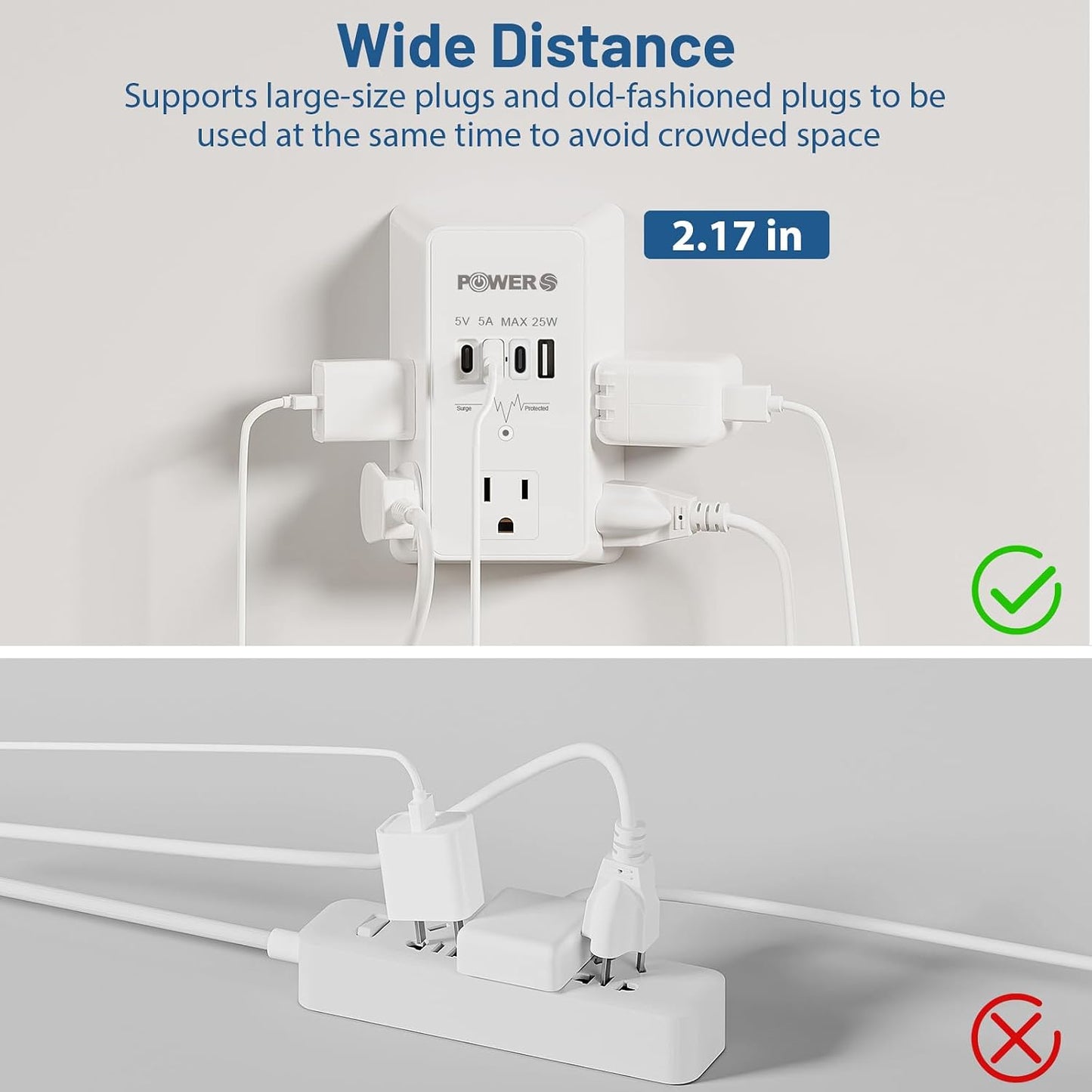 Surge Protector, USB Ports (3C1A), Snug Wall Outlet, Wall Plug Adapter