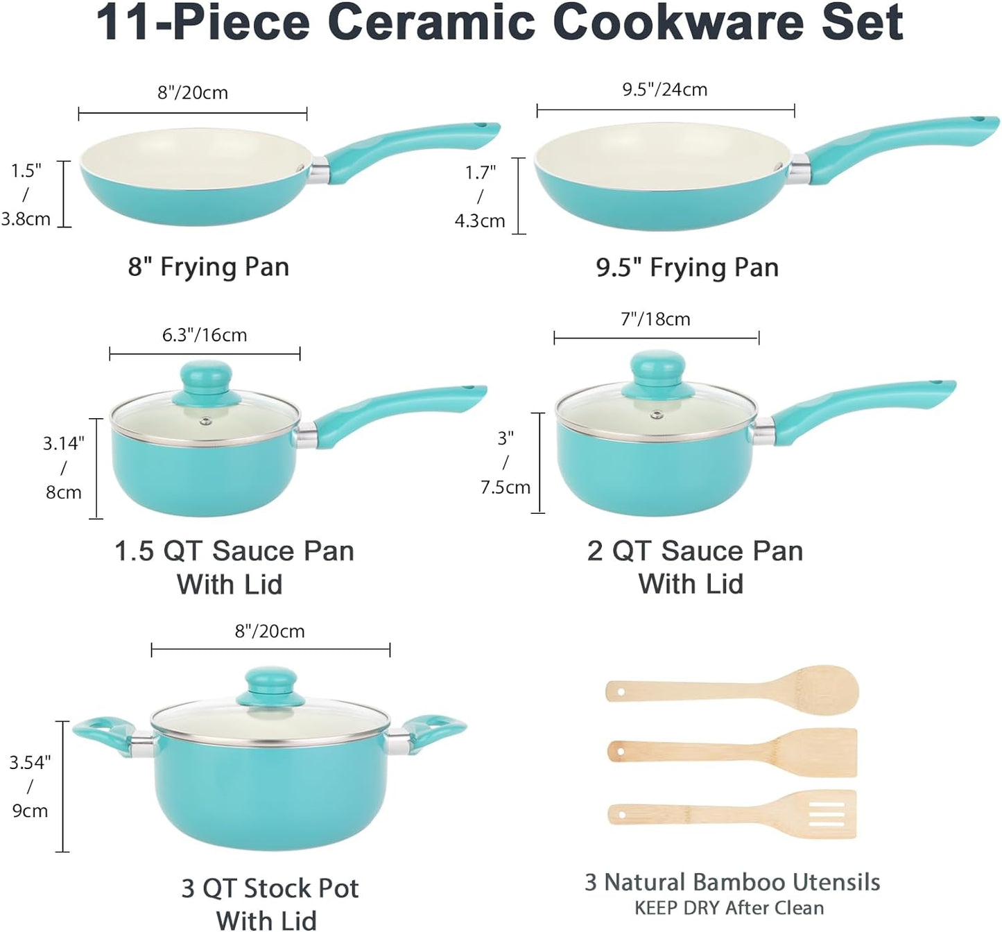 Pots & Pans Nonstick, 11pcs, Induction Cookware, Ceramic, Bamboo Kitchen Utensils, 100% PFOA Free