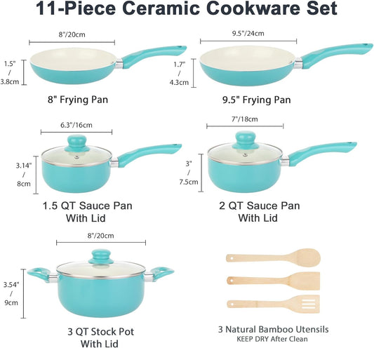 Pots & Pans Nonstick, 11pcs, Induction Cookware, Ceramic, Bamboo Kitchen Utensils, 100% PFOA Free