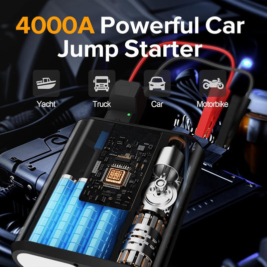 Jump Starter, Air Compressor, 4000A Peak Car Battery Charger, 200 PSI Tire Inflator,Up to 9.0L Gas