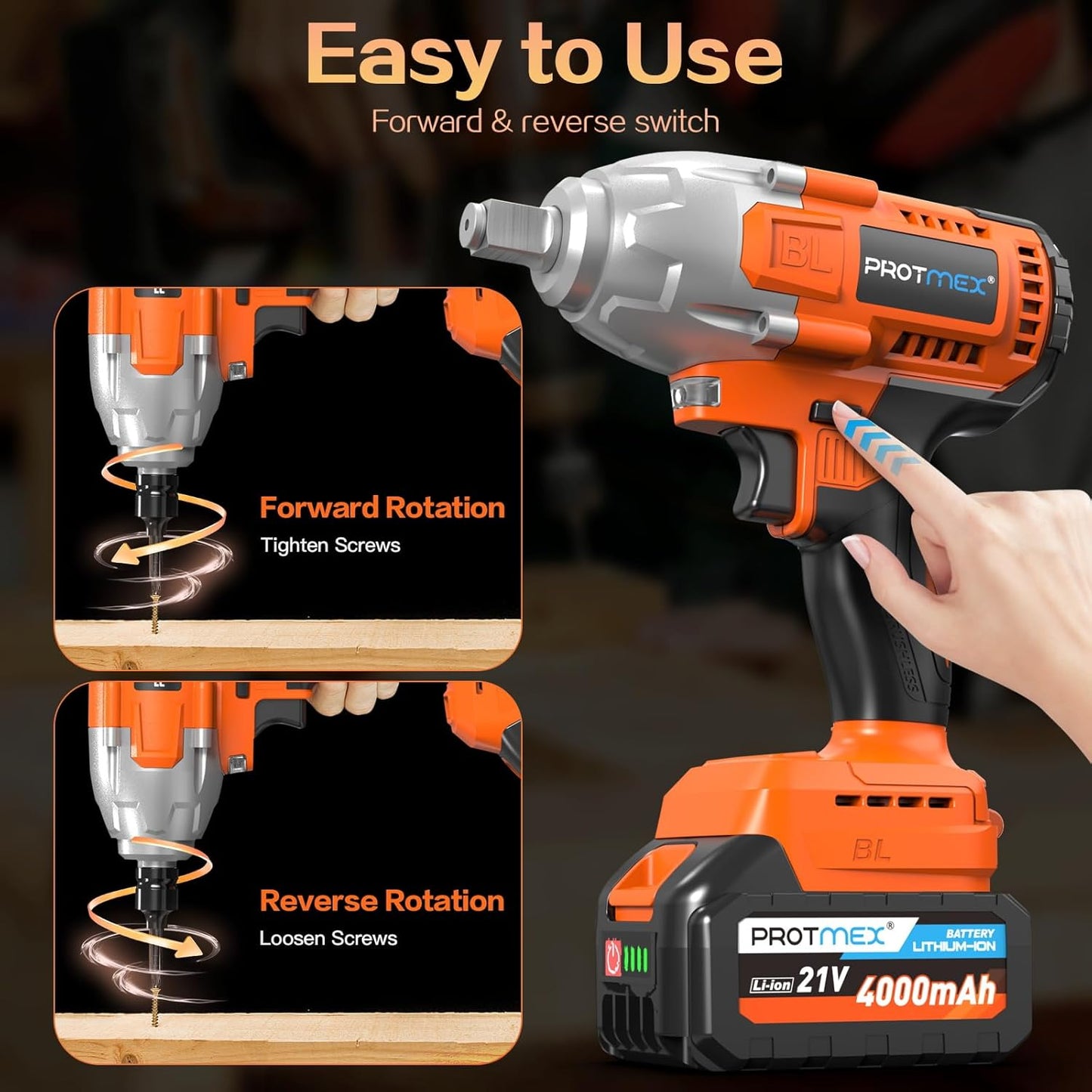 21V Cordless Impact Wrench Drill, 665Ft-Ibs (900N.m) 1/2" 2x 4.0Ah Battery, Variable Speeds