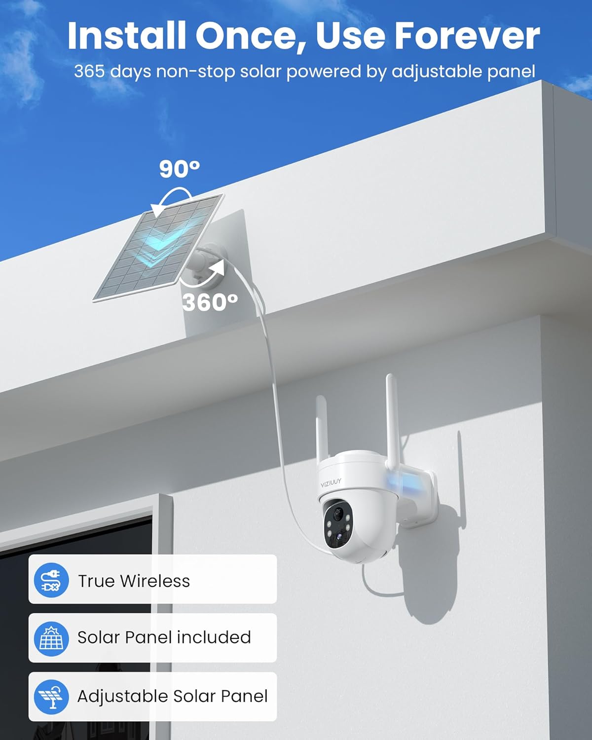Solar Security Cameras Wireless Outdoor, 3MP Pan Tilt 360°Color Night Vision/PIR Sensor/2-Way Audio