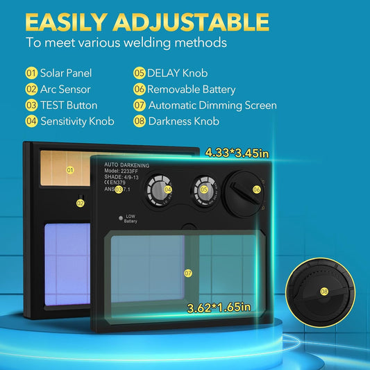 Light True Color Auto Darkening Solar Powered Welding Hood Helmet, 2 Arc Sensor Wide Shade 4/9-13