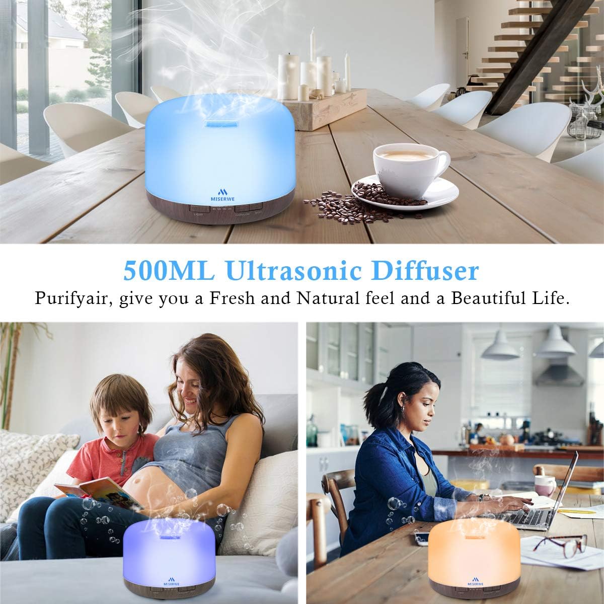Diffuser 500ML &amp; 10 Essential Oils, Adjustable Mist Mode &amp; 4 Timer Setting Auto Shut-Off