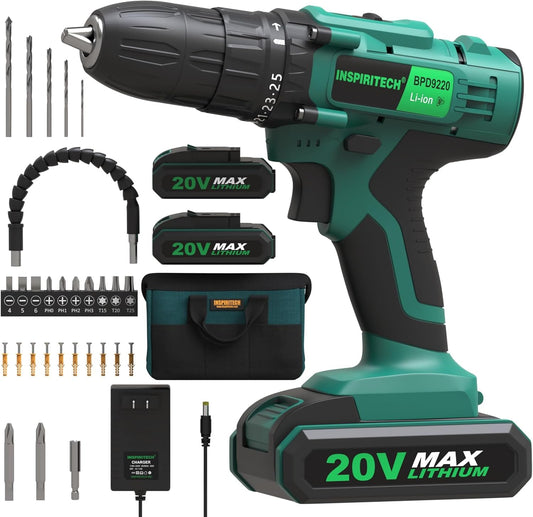 20V Cordless Drill, 2 Batteries, Charger, 3/8In Chuck, Variable Speed, 25+1 Torque Setting