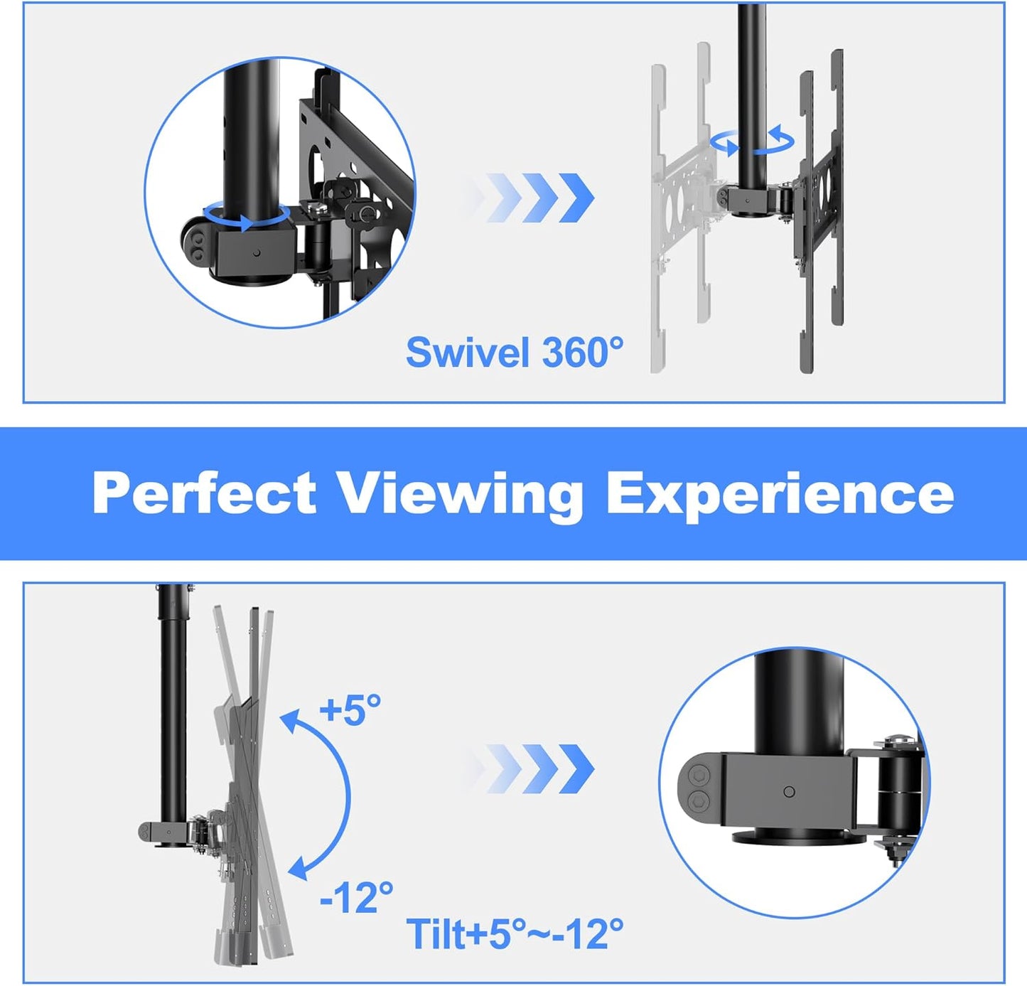 Ceiling TV Mount for Most 26 to 65 In Flat Curved TV, Swivel Tilt Height Adjustable, VESA 400x400mm