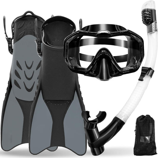 Snorkeling Gear,3 in 1 Mask Fins,180 View, Anti-Fog Anti-Leak, Dry Top Snorkel, Dive Flippers