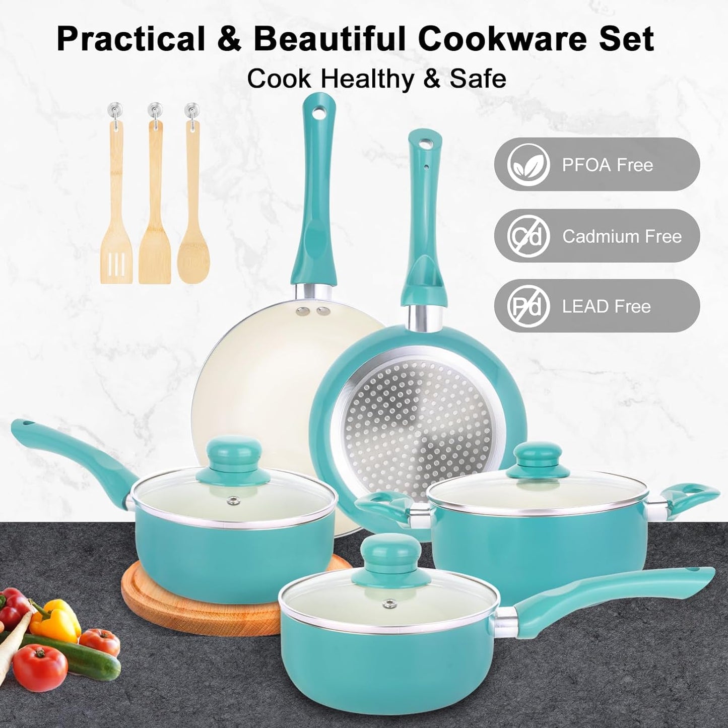 Pots & Pans Nonstick, 11pcs, Induction Cookware, Ceramic, Bamboo Kitchen Utensils, 100% PFOA Free