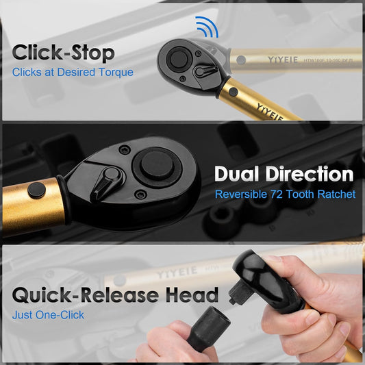 22PCS Click Torque Wrench Set 1/2" Drive, 10-160 ft.lb/10-227 Nm,1 ft.lbs Micro, 72-Tooth Ratchet