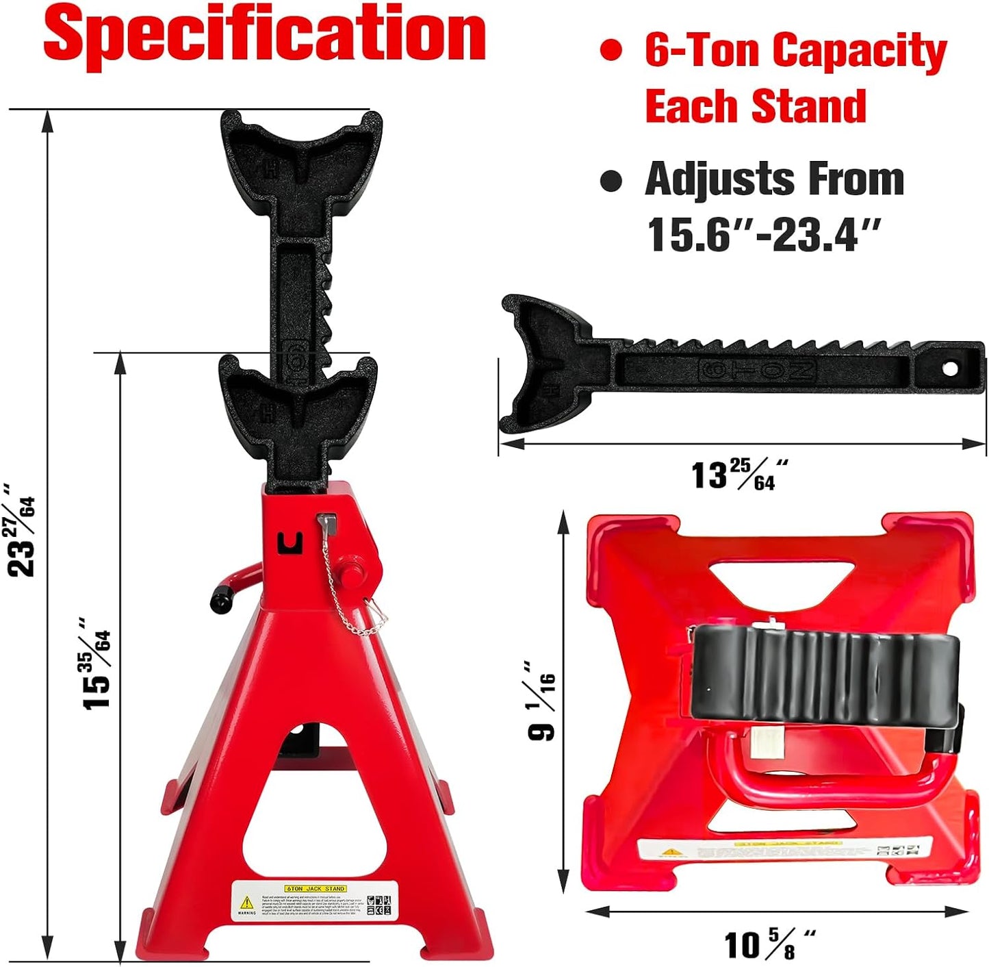 Jack Stands 6Ton(13,200LBs), 15.6"-23.4" Adjustable, Double Pin Locking,Heavy Duty, Rubber Pads