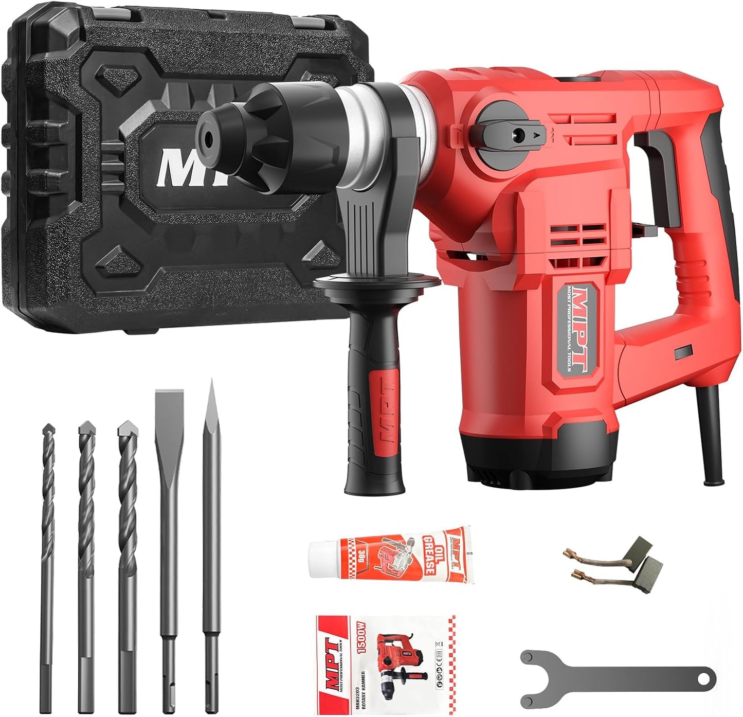 1-1/4In SDS-Plus 13 Amp Heavy Duty Rotary Hammer Drill, Concrete, 5 Bits, Point Chisel, Flat Chisel