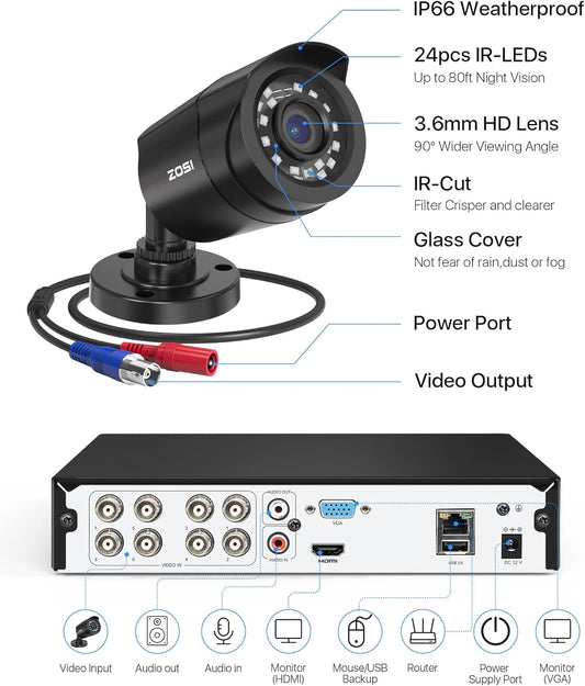 ZOSI SECURITY CAMERA SYSTEM - 8CH DVR & 4 CAMERAS 1080P FULL HD IP66 WATERPROOF | NIGHT VISION