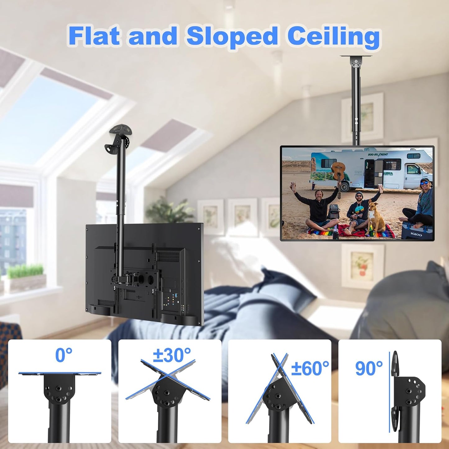 Ceiling TV Mount for Most 26 to 65 In Flat Curved TV, Swivel Tilt Height Adjustable, VESA 400x400mm
