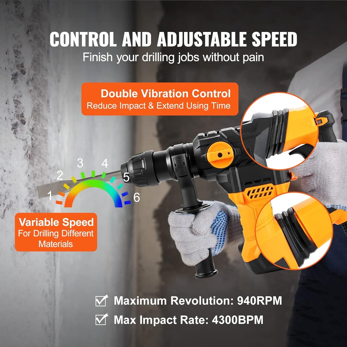 1-1/4 In 13 Amp SDS-Plus Rotary Hammer Corded Drill, w/Vibration Control &amp; Safety Clutch, Variable Speed, For Concret