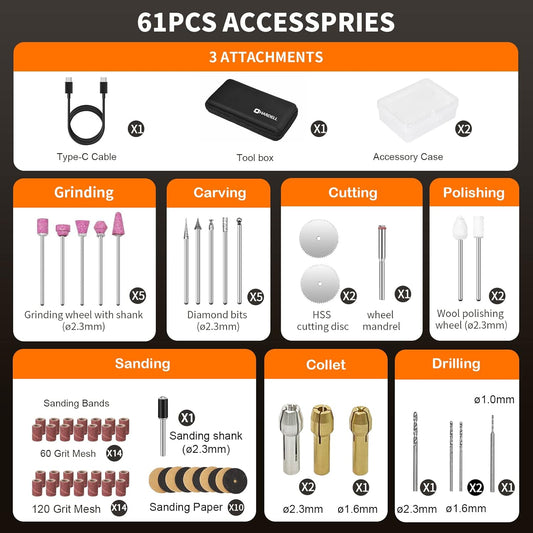 3.7V Mini Cordless Rotary Tool Kit, 5Speed, USB Charging, 61 Accessories, Sanding, Polishing &amp; more