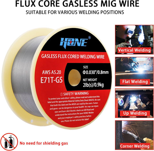 Flux Core MIG Welding Wire, .030"+.035" 2lb E71T-GS Gasless, ABS Plastic Spool, Low Splatter