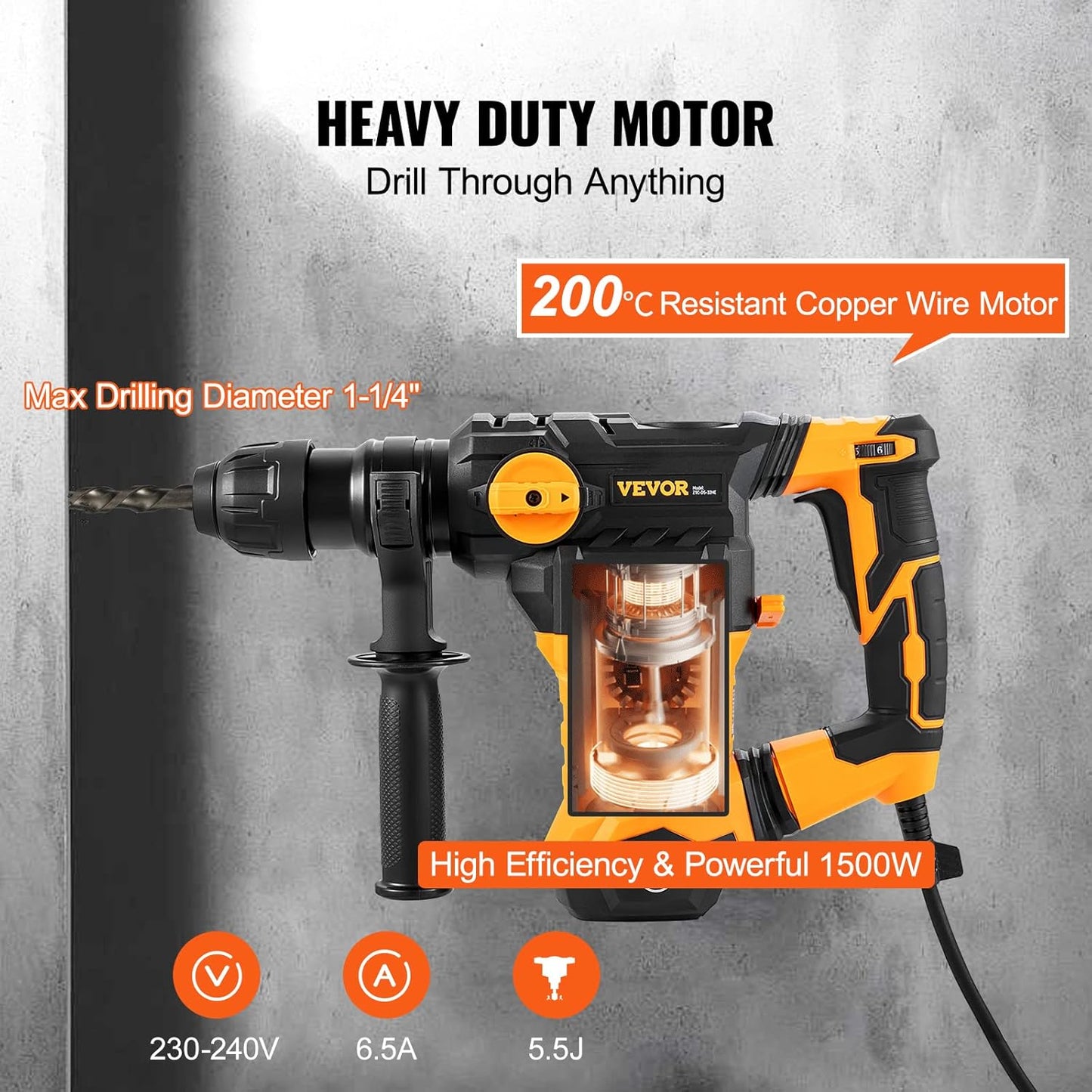 1-1/4 In 13 Amp SDS-Plus Rotary Hammer Corded Drill, w/Vibration Control &amp; Safety Clutch, Variable Speed, For Concret