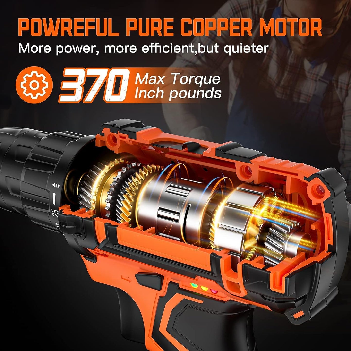 20V Cordless Drill, 2 Batteries, 3/8” Keyless Chuck, 370 In-lb Torque, 2 Speed, 25+1 Position,24pcs
