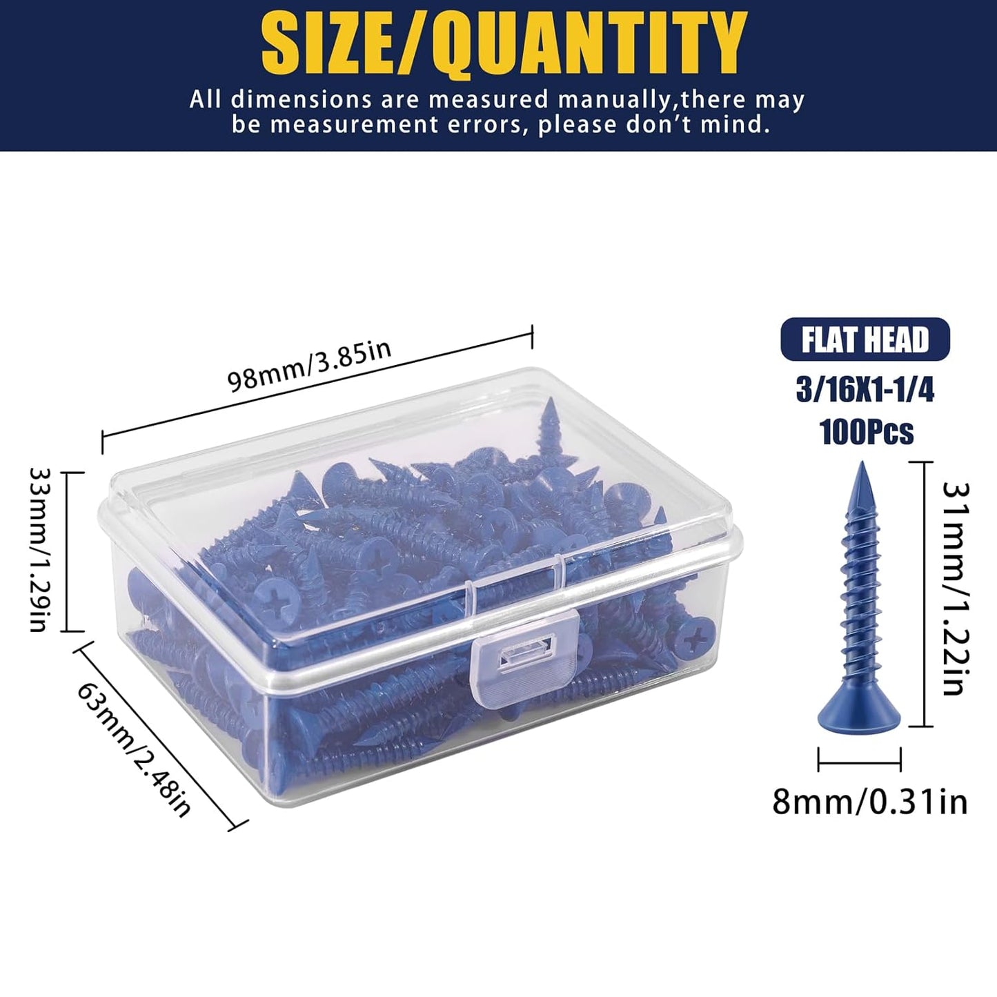 100Pcs 3/16 x 1-1/4" Concrete Screw Anchor - Flat Phillips Head Brick Screws