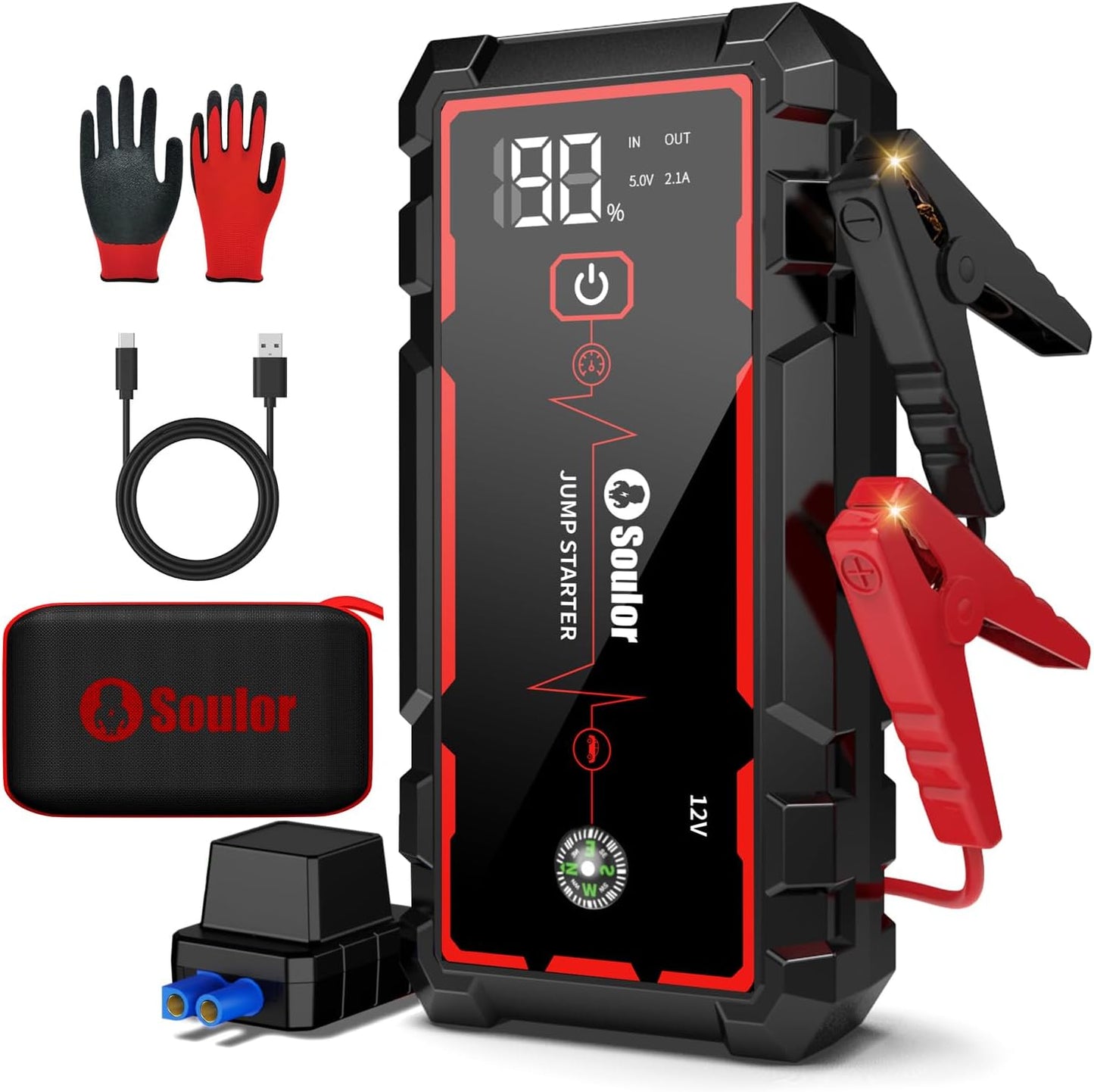 Car Battery Jumper Starter Portable, Battery Booster with 3 Modes Flashlight, Jumper Cables, Gloves