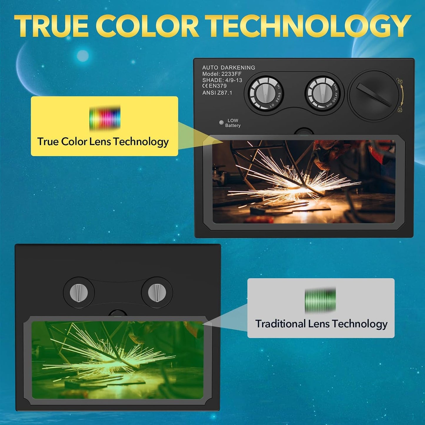 Light True Color Auto Darkening Solar Powered Welding Hood Helmet, 2 Arc Sensor Wide Shade 4/9-13