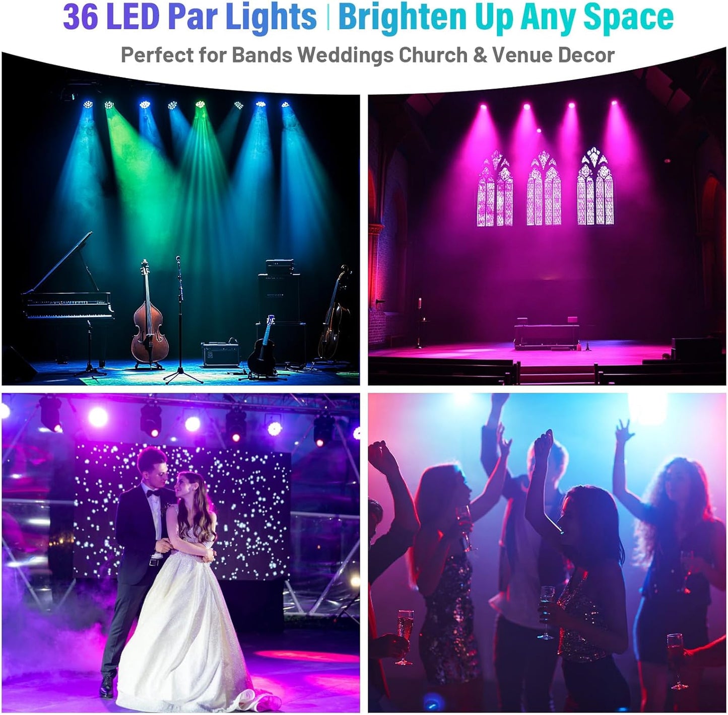 LED Stage Lights 4Pack - 36W RGB DJ Par Lights, Sound Activated Auto Play by Remote &amp; DMX Control