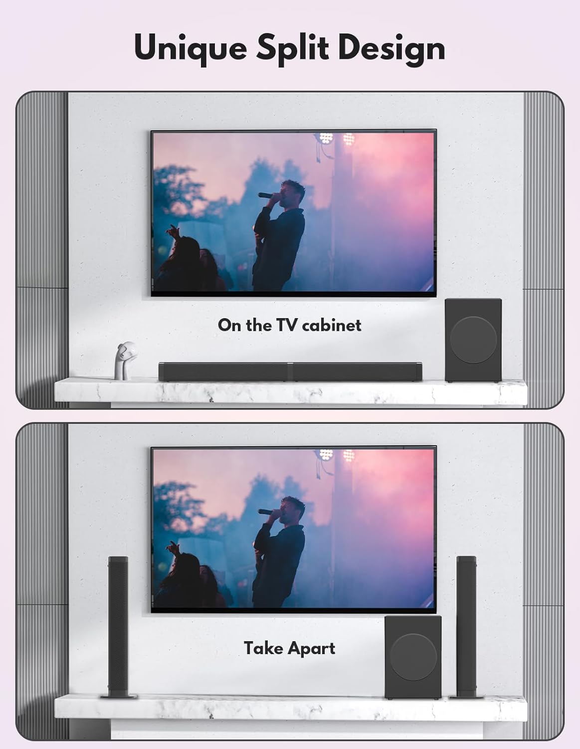 2 in 1 Separable Sound Bar &amp; Subwoofer, BT 5.0, ARC/Optical/Aux/USB,Treble/Bass Adjust, 10 EQ Modes