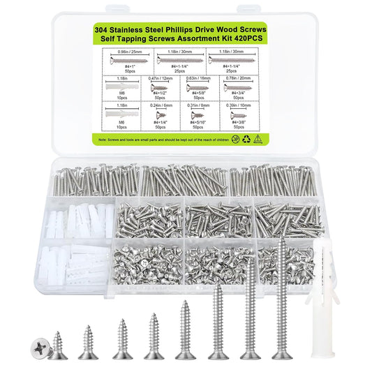 #4 Flat Head Small Wood Screws kit 420Pcs,Phillips Short Screw, Carbon Steel, 20pcs M6 ScrewAnchors