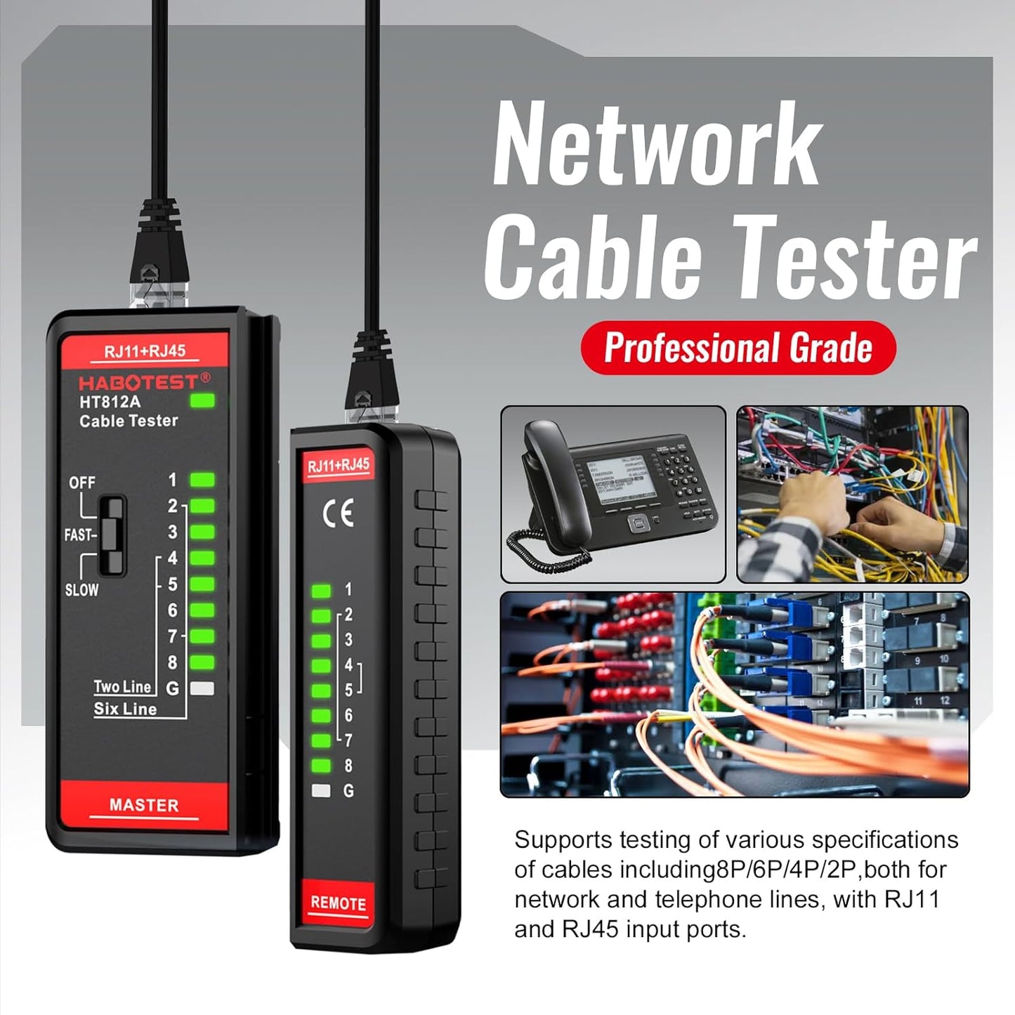 Network Cable Tester RJ45 RJ11 Port, Ethernet Cable Tester, Speaker, Coax, CAT5/CAT5E/CAT6/CAT6A