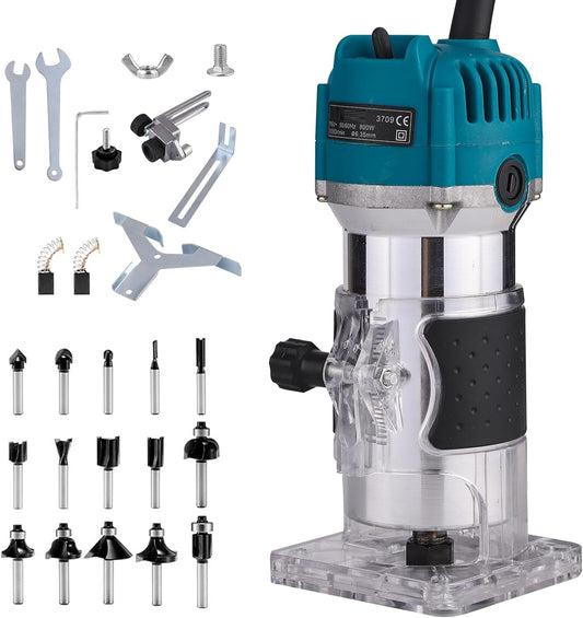 Electric Hand Wood Router, Edge Trimmer, 15PCS 1/4" Laminate Milling Engraving 110V 800W 30000R/MIN