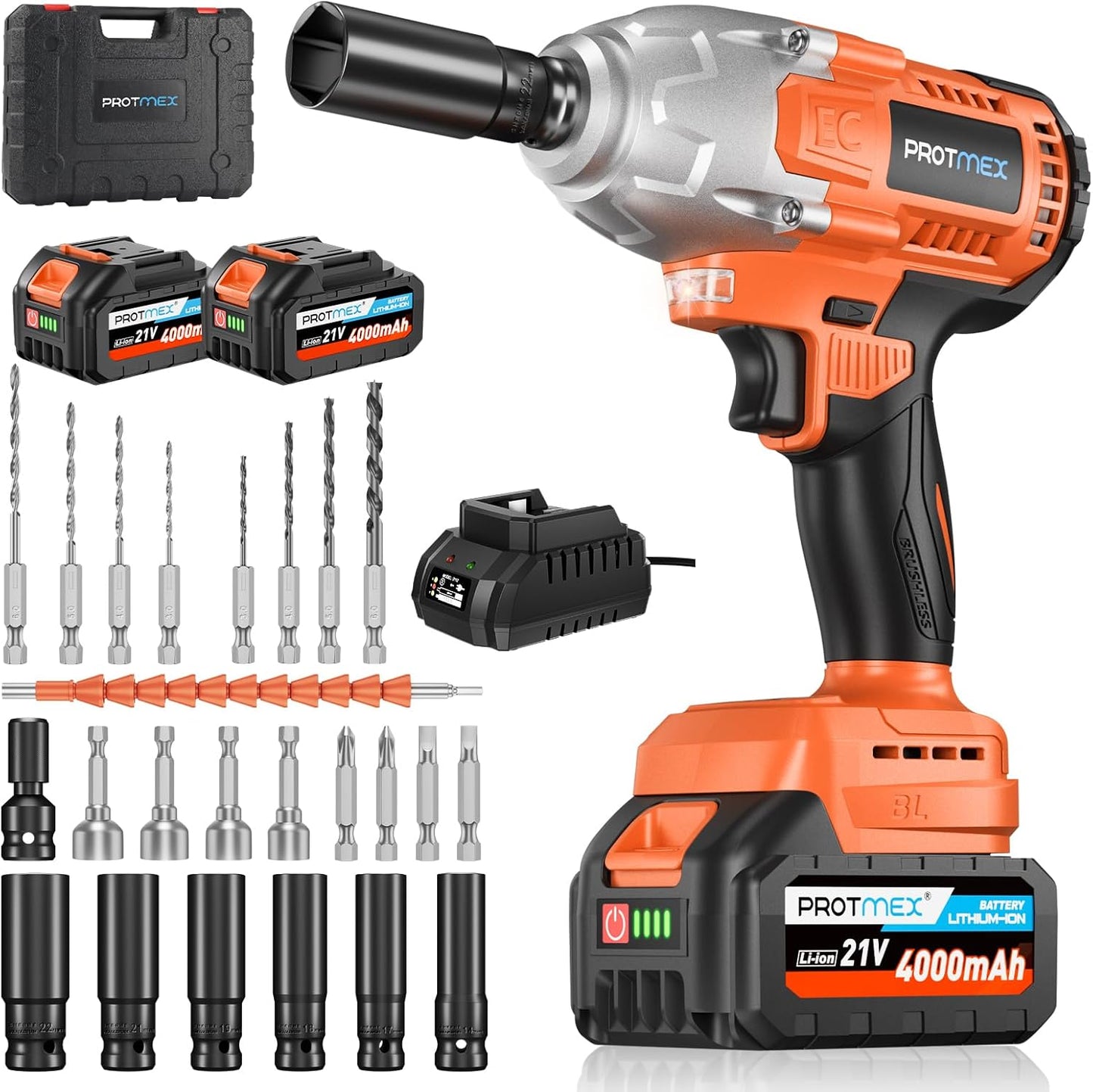 21V Cordless Impact Wrench Drill, 665Ft-Ibs (900N.m) 1/2" 2x 4.0Ah Battery, Variable Speeds